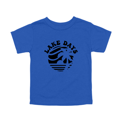 Lake Days Front & Back design on a Royal Blue toddler T-shirt, front view.
