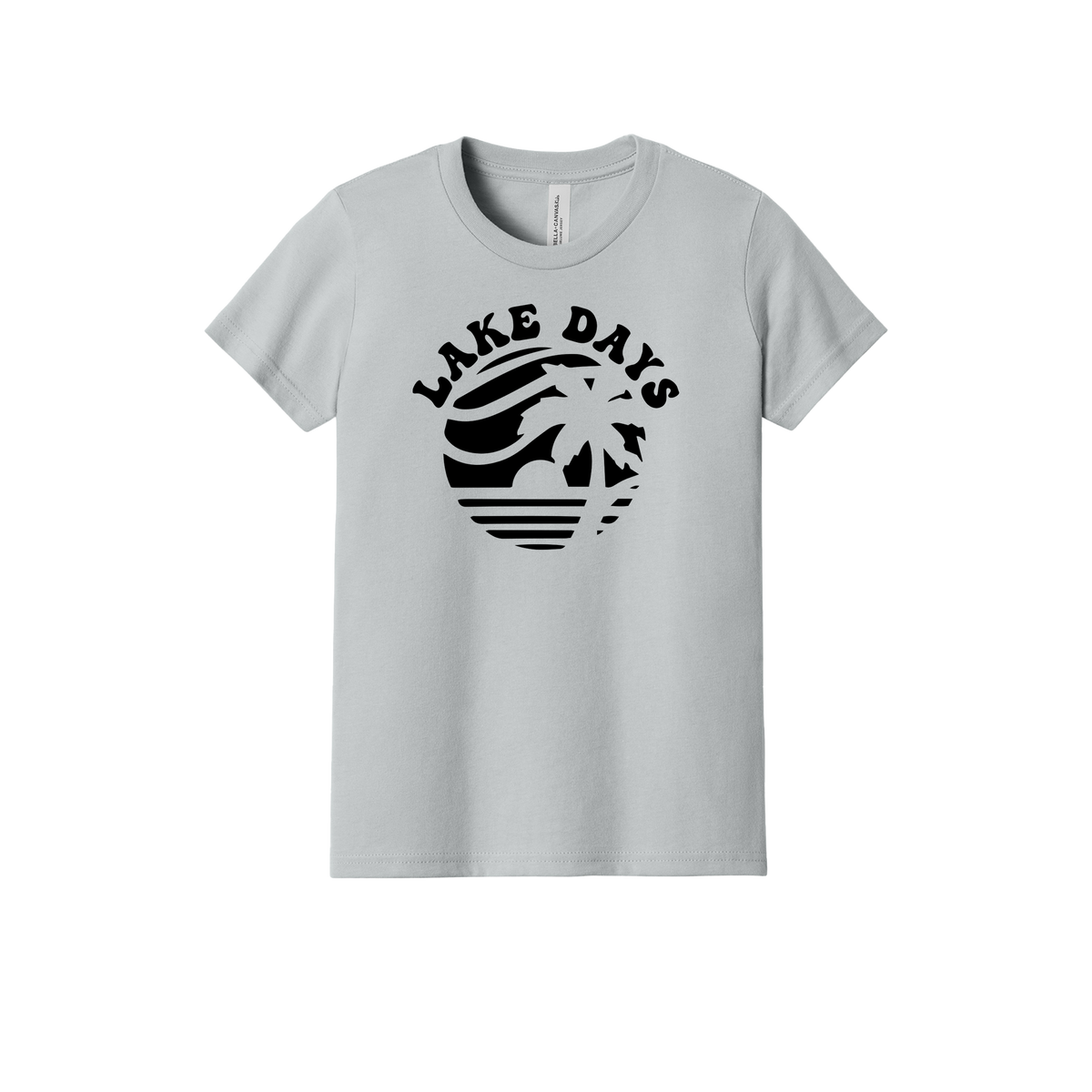 Lake Days Front & Back design on a Heather Athletic Gray youth T-shirt, front view.