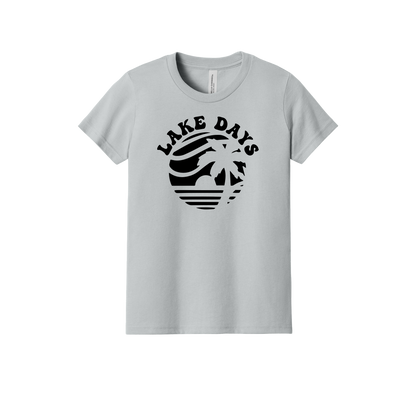 Lake Days Front & Back design on a Heather Athletic Gray youth T-shirt, front view.
