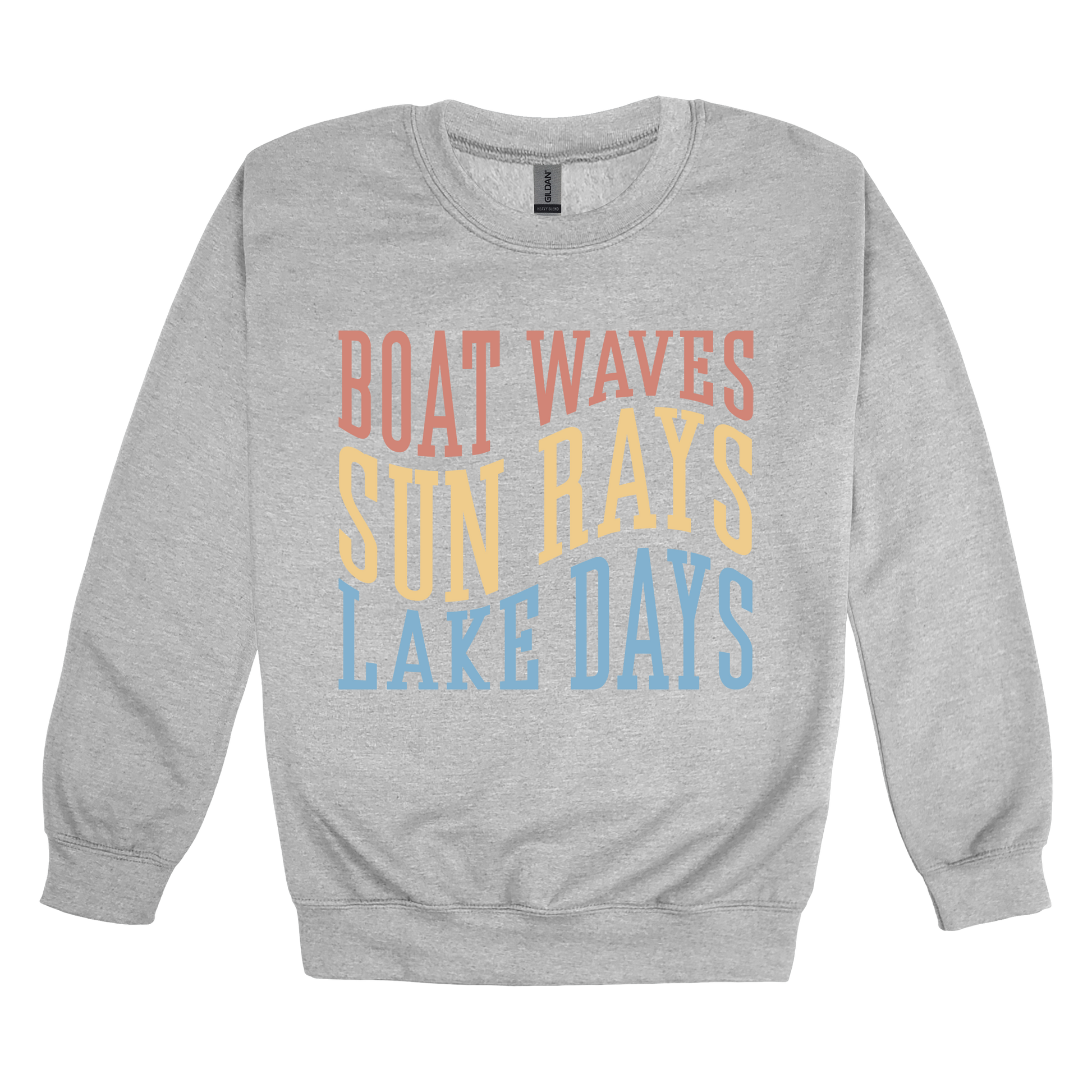 Boat Waves, Sun Rays, Lake Days design on a Sport Gray adult crewneck sweatshirt, front view.
