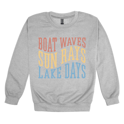 Boat Waves, Sun Rays, Lake Days design on a Sport Gray adult crewneck sweatshirt, front view.