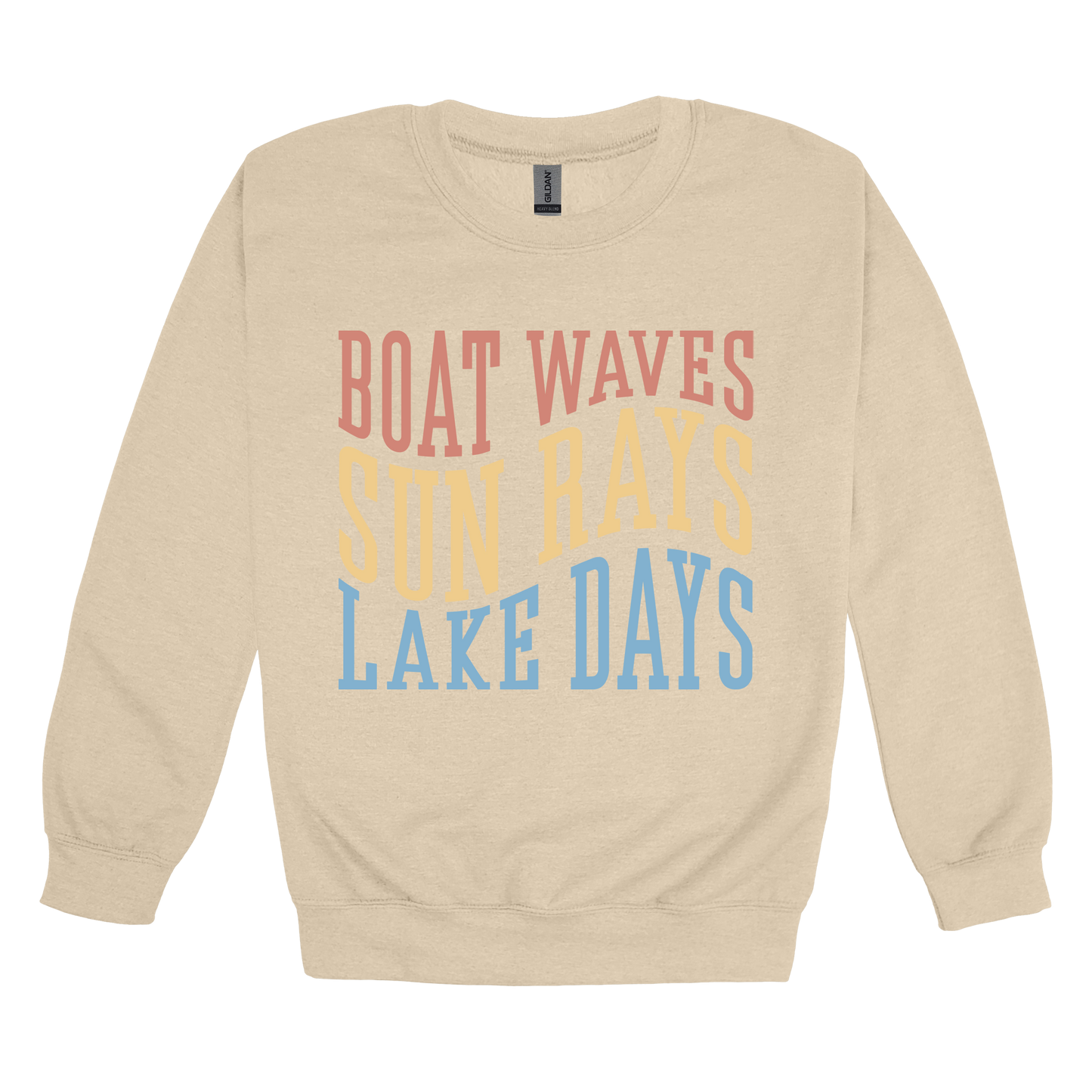 Boat Waves, Sun Rays, Lake Days design on a Sand adult crewneck sweatshirt, front view.