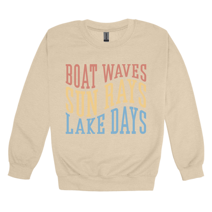 Boat Waves, Sun Rays, Lake Days design on a Sand adult crewneck sweatshirt, front view.