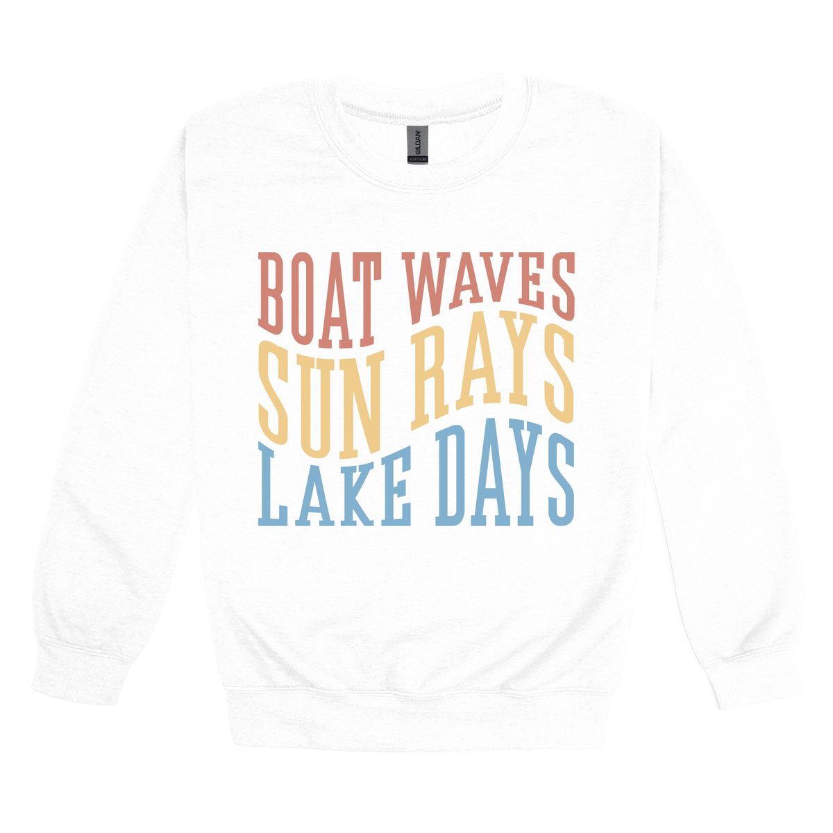Boat Waves, Sun Rays, Lake Days design on a White adult crewneck sweatshirt, front view.