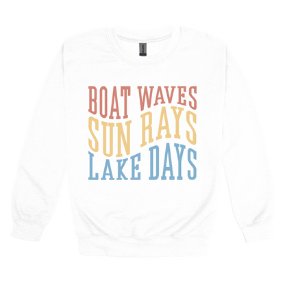 Boat Waves, Sun Rays, Lake Days design on a White adult crewneck sweatshirt, front view.