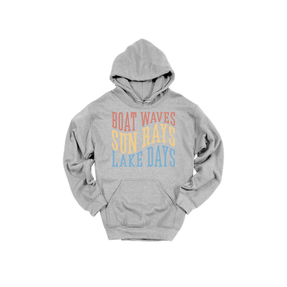 Boat Waves, Sun Rays, Lake Days design on a Sport Gray adult hoodie, front view.