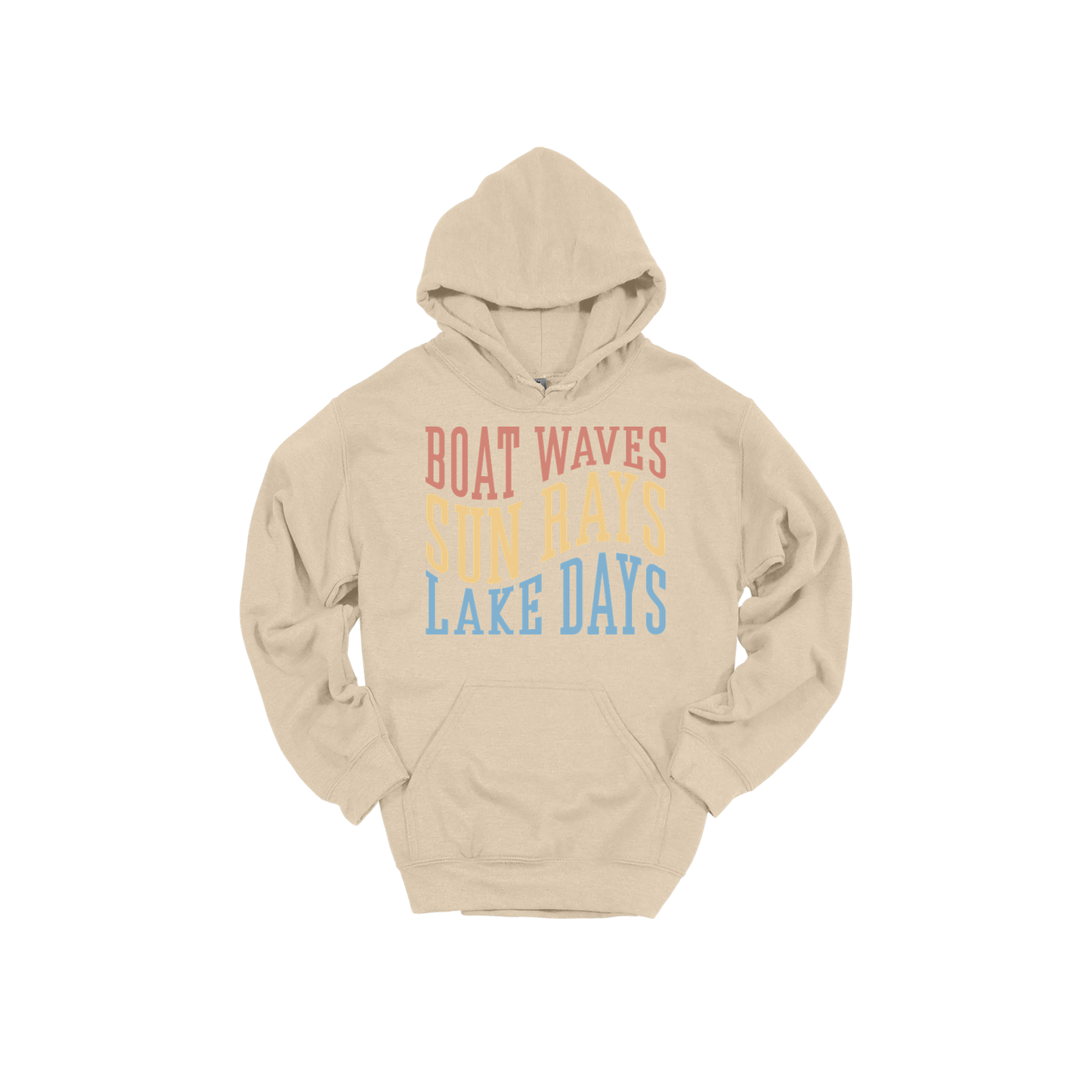 Boat Waves, Sun Rays, Lake Days design on a Sand adult hoodie, front view.