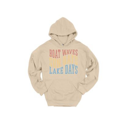 Boat Waves, Sun Rays, Lake Days design on a Sand adult hoodie, front view.