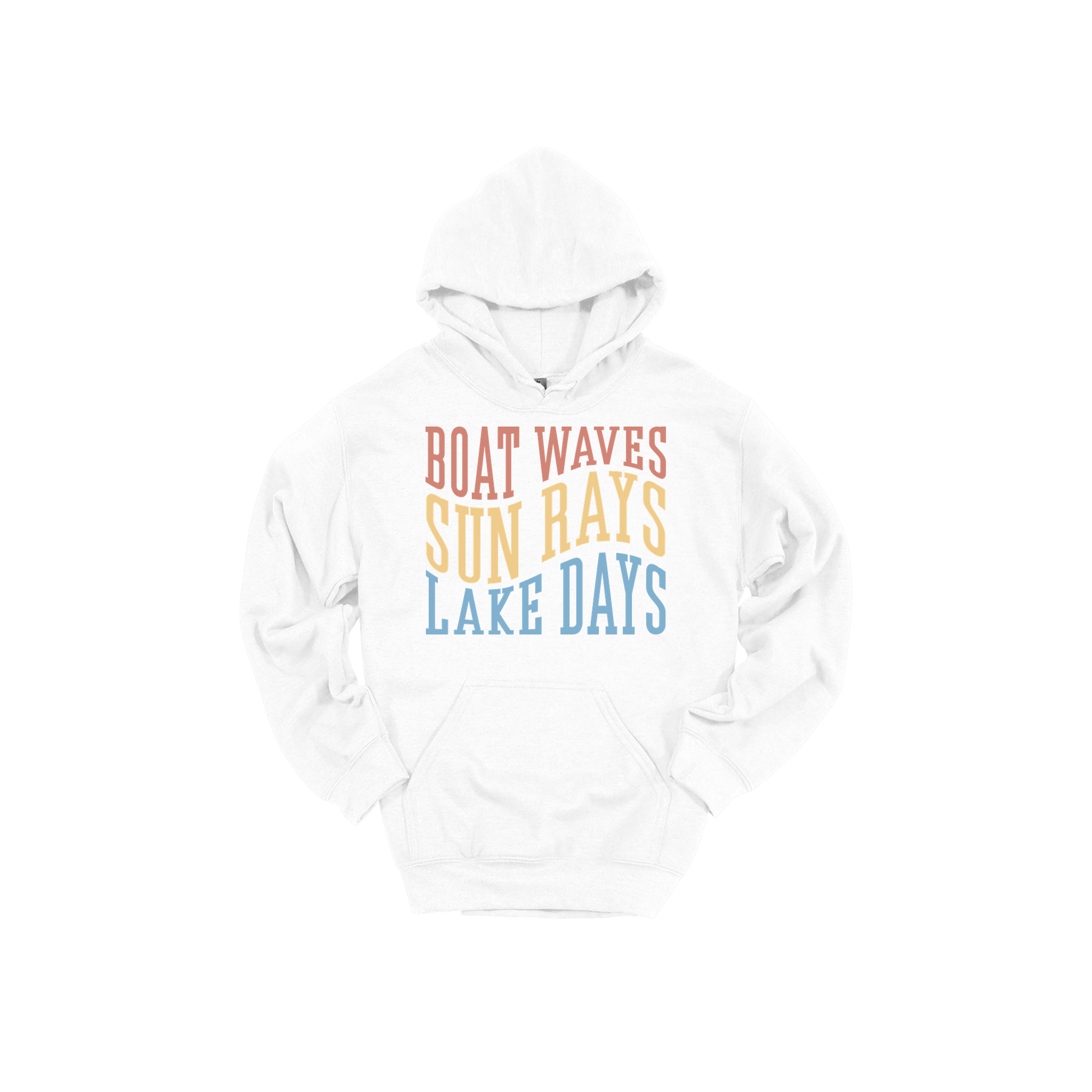 Boat Waves, Sun Rays, Lake Days design on a White adult hoodie, front view.