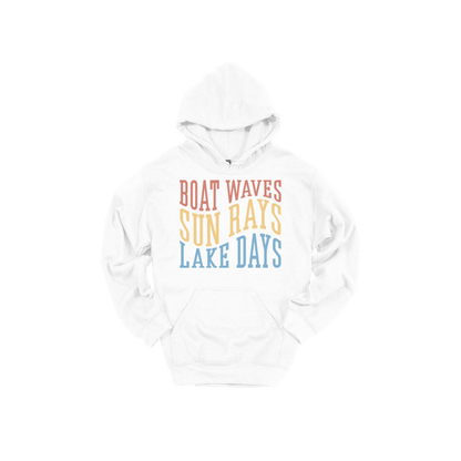 Boat Waves, Sun Rays, Lake Days design on a White adult hoodie, front view.