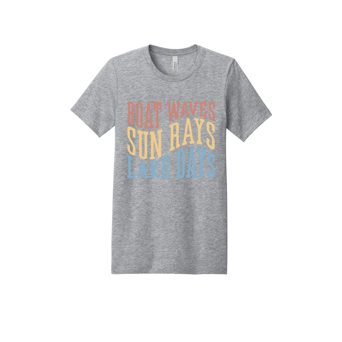 Boat Waves, Sun Rays, Lake Days design on a Heather Athletic Gray adult T-shirt, front view.