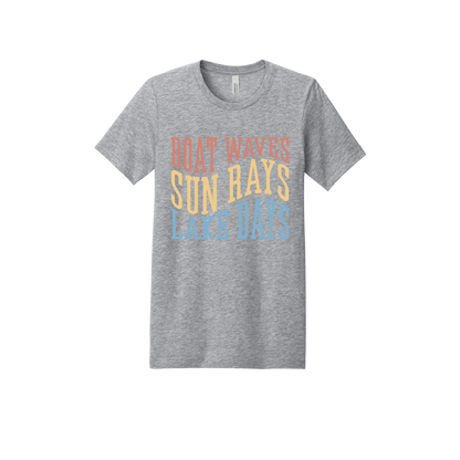 Boat Waves, Sun Rays, Lake Days design on a Heather Athletic Gray adult T-shirt, front view.