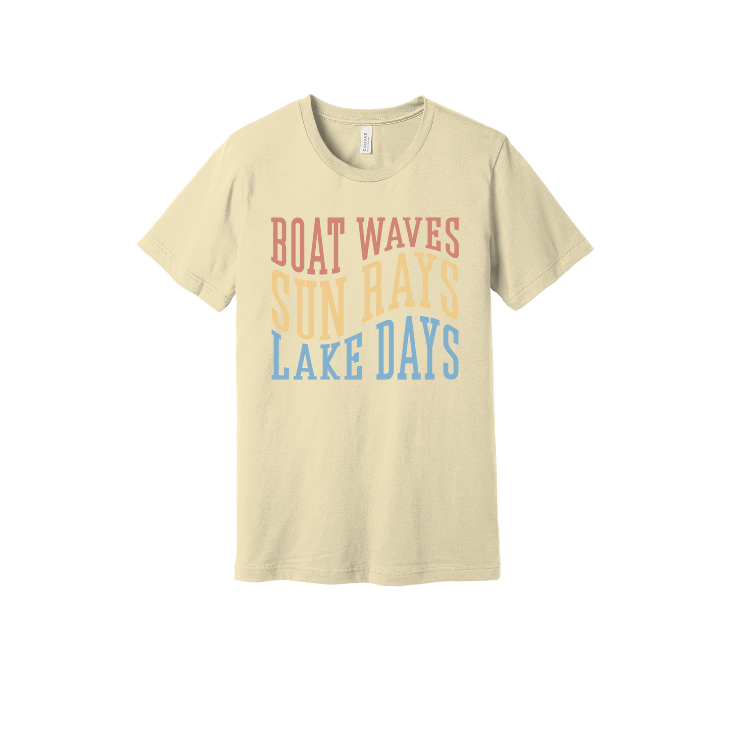 Boat Waves, Sun Rays, Lake Days design on a Natural adult T-shirt, front view.