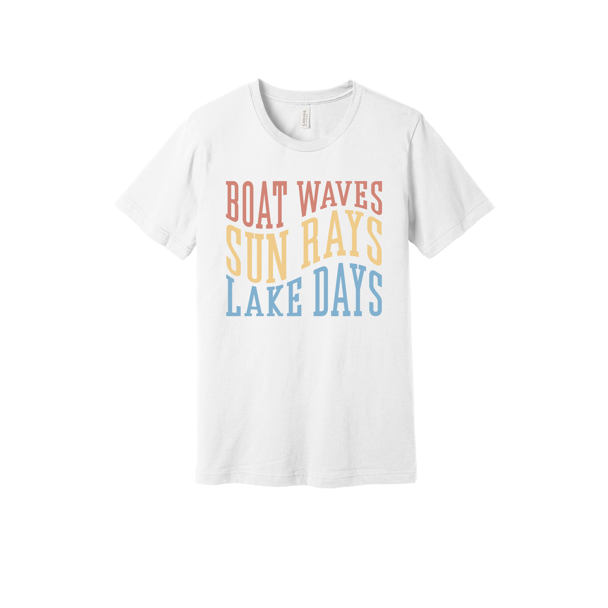 Boat Waves, Sun Rays, Lake Days design on a White adult T-shirt, front view.