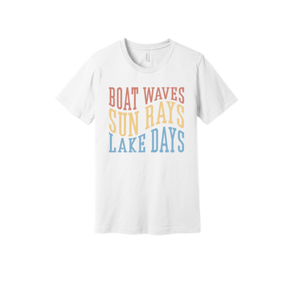 Boat Waves, Sun Rays, Lake Days design on a White adult T-shirt, front view.