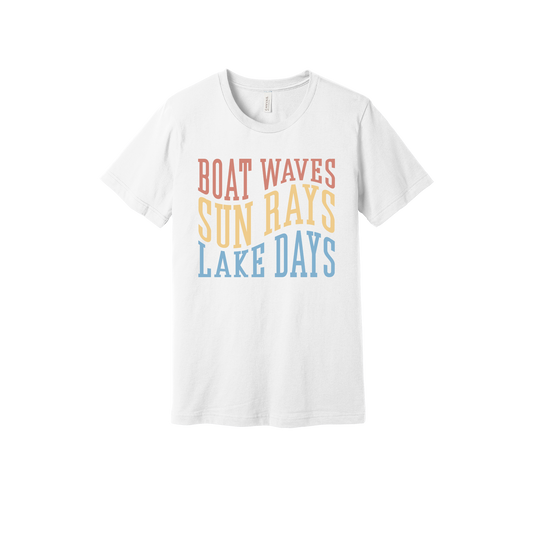 Boat Waves, Sun Rays, Lake Days design on a White adult T-shirt, front view.