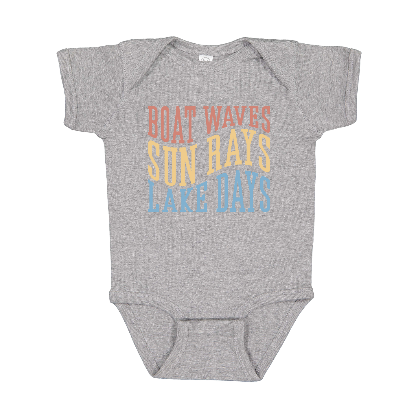 Boat Waves, Sun Rays, Lake Days design on a Heather Athletic Gray infant onesie, front view.
