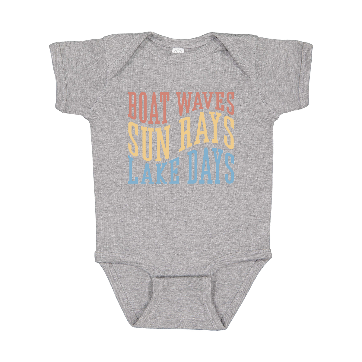 Boat Waves, Sun Rays, Lake Days design on a Heather Athletic Gray infant onesie, front view.