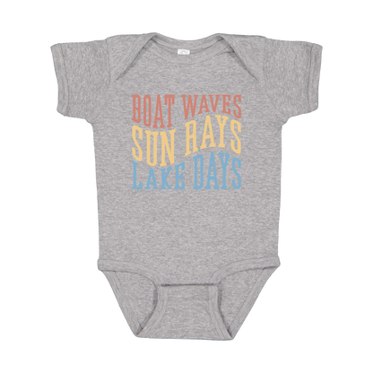 Boat Waves, Sun Rays, Lake Days design on a Heather Athletic Gray infant onesie, front view.