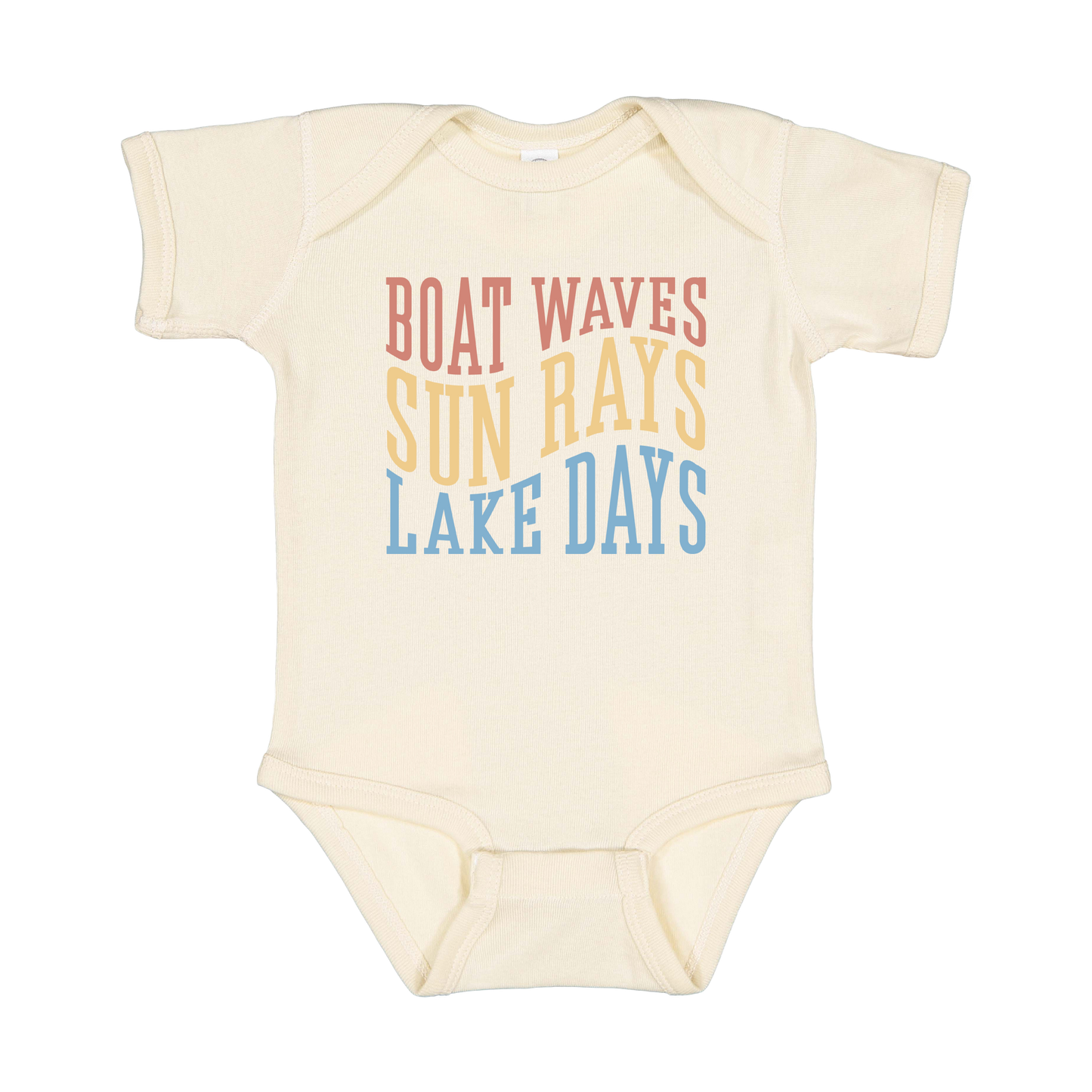 Boat Waves, Sun Rays, Lake Days design on a Natural infant onesie, front view.
