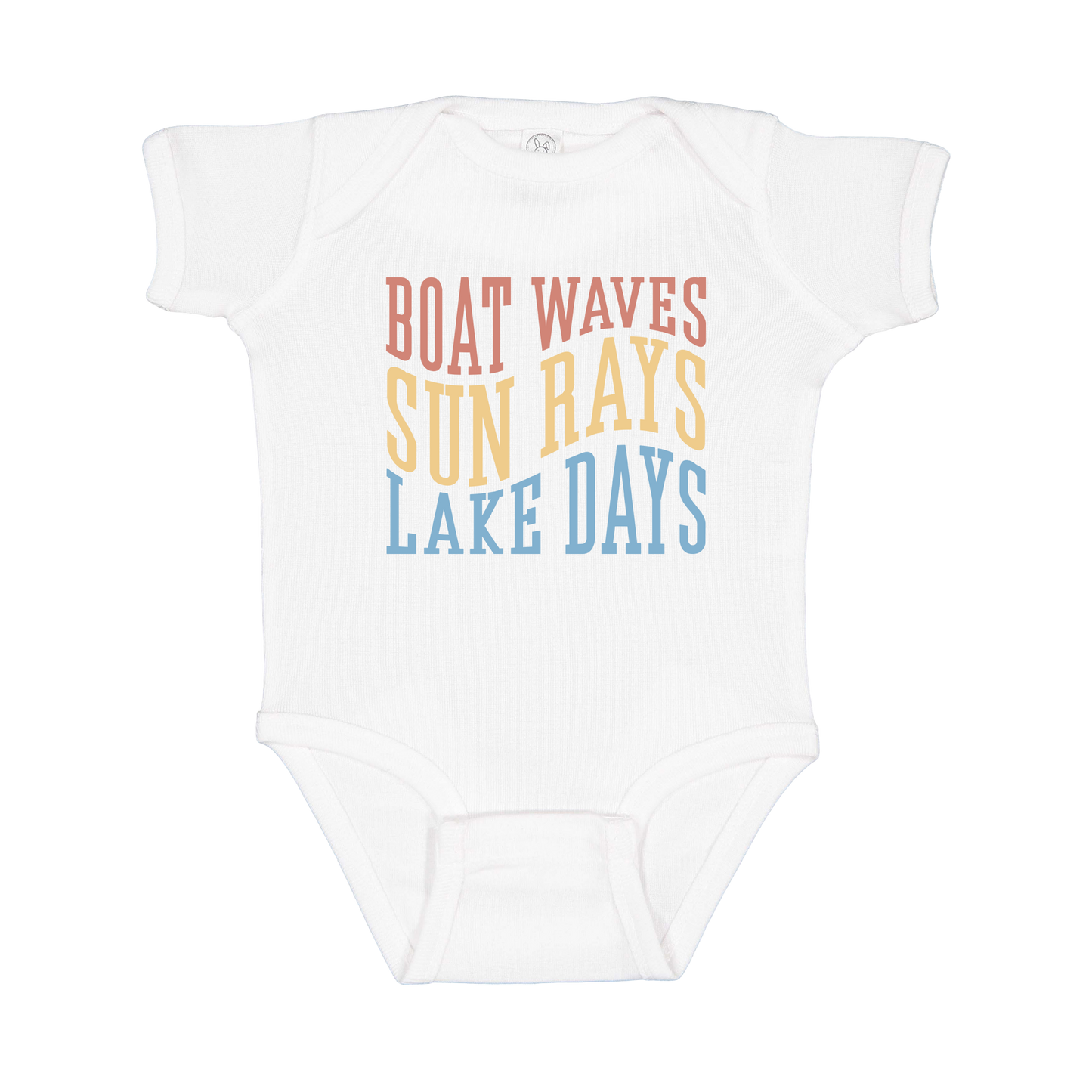 Boat Waves, Sun Rays, Lake Days design on a White infant onesie, front view.