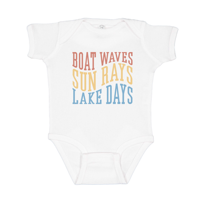 Boat Waves, Sun Rays, Lake Days design on a White infant onesie, front view.