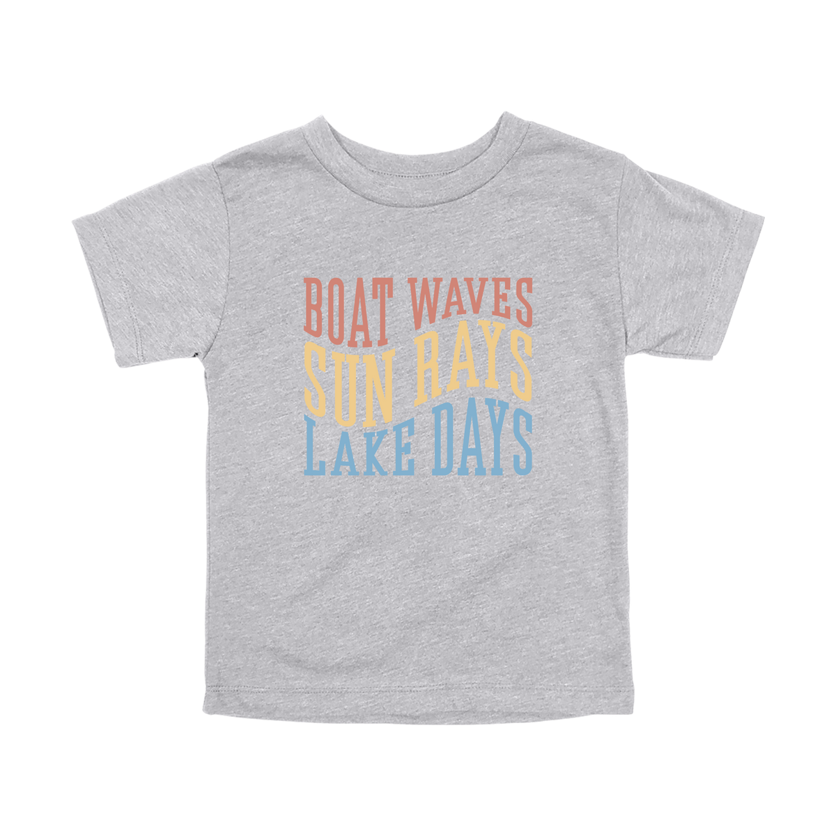 Boat Waves, Sun Rays, Lake Days design on a Heather Athletic Gray toddler T-shirt, front view.