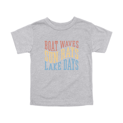 Boat Waves, Sun Rays, Lake Days design on a Heather Athletic Gray toddler T-shirt, front view.