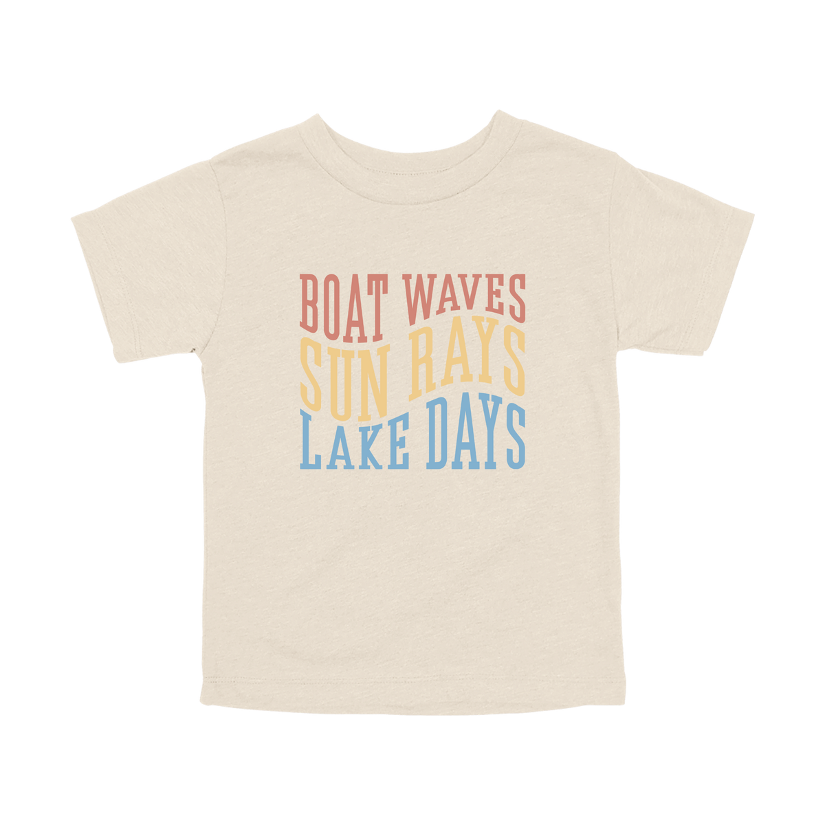 Boat Waves, Sun Rays, Lake Days design on a Natural toddler T-shirt, front view.