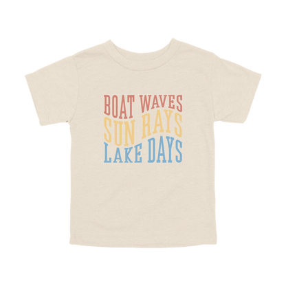 Boat Waves, Sun Rays, Lake Days design on a Natural toddler T-shirt, front view.