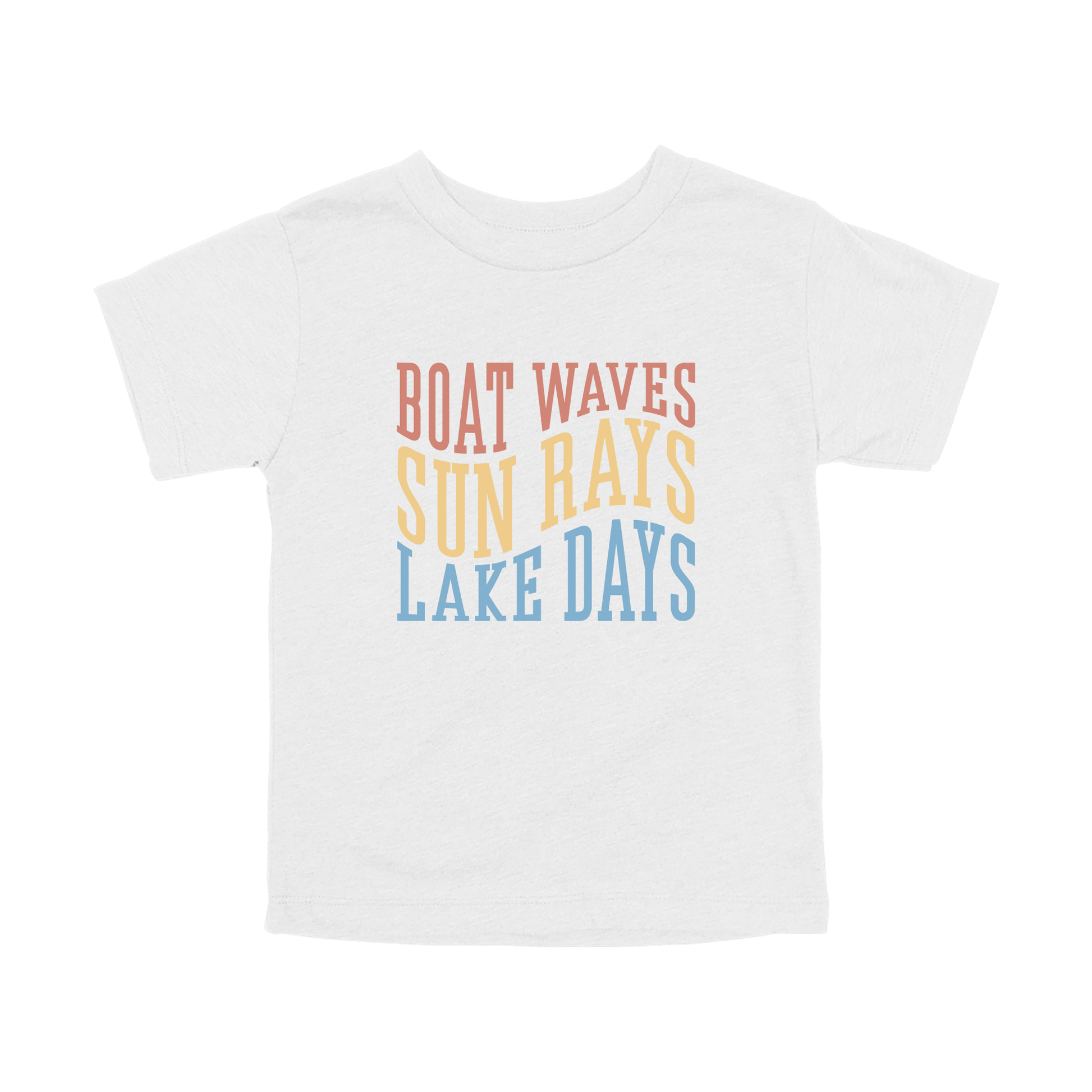 Boat Waves, Sun Rays, Lake Days design on a White toddler T-shirt, front view.