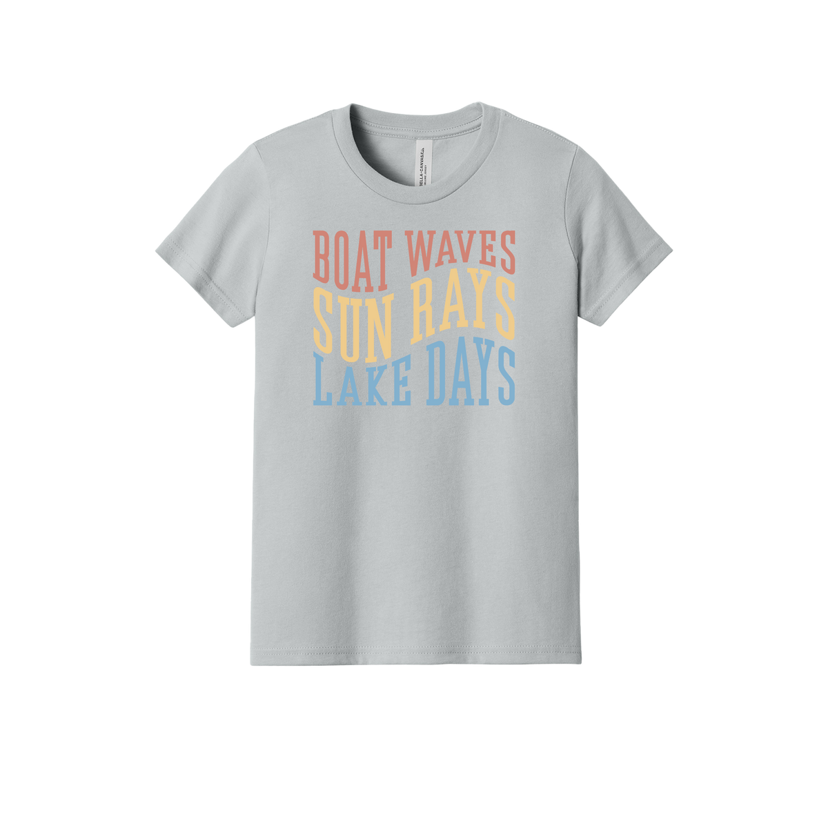 Boat Waves, Sun Rays, Lake Days design on a Heather Athletic Gray youth T-shirt, front view.