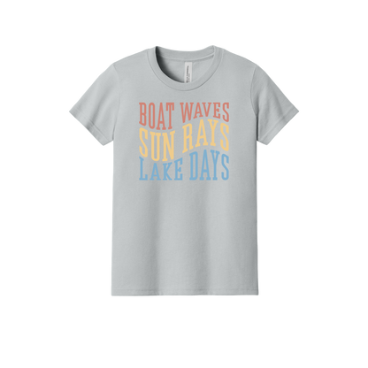 Boat Waves, Sun Rays, Lake Days design on a Heather Athletic Gray youth T-shirt, front view.