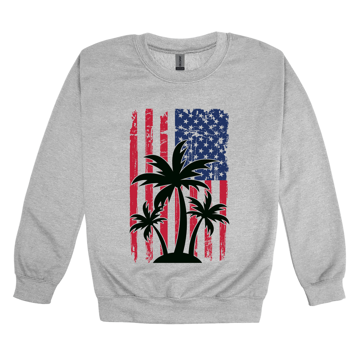 American Flag Palm Tree design on a Sport Gray adult crewneck sweatshirt, front view.