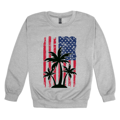 American Flag Palm Tree design on a Sport Gray adult crewneck sweatshirt, front view.