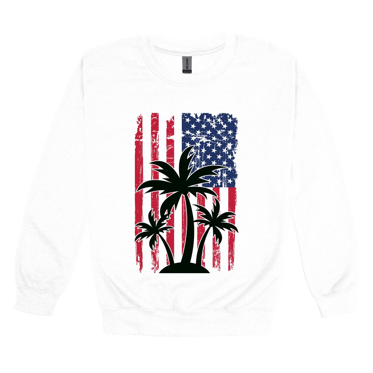 American Flag Palm Tree design on a White adult crewneck sweatshirt, front view.