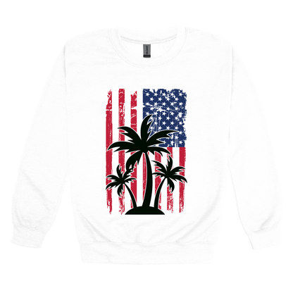 American Flag Palm Tree design on a White adult crewneck sweatshirt, front view.