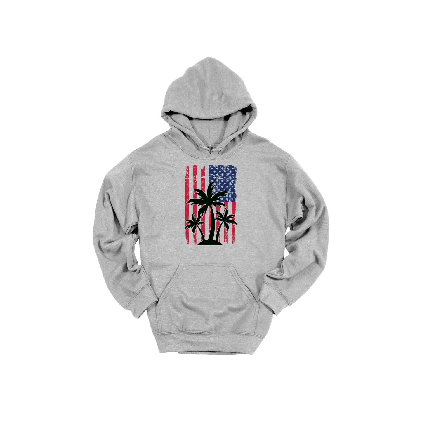 American Flag Palm Tree design on a Sport Gray adult hoodie, front view.
