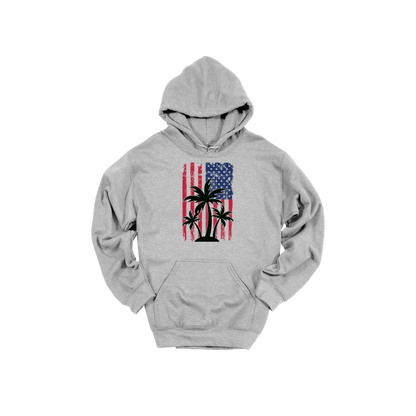American Flag Palm Tree design on a Sport Gray adult hoodie, front view.