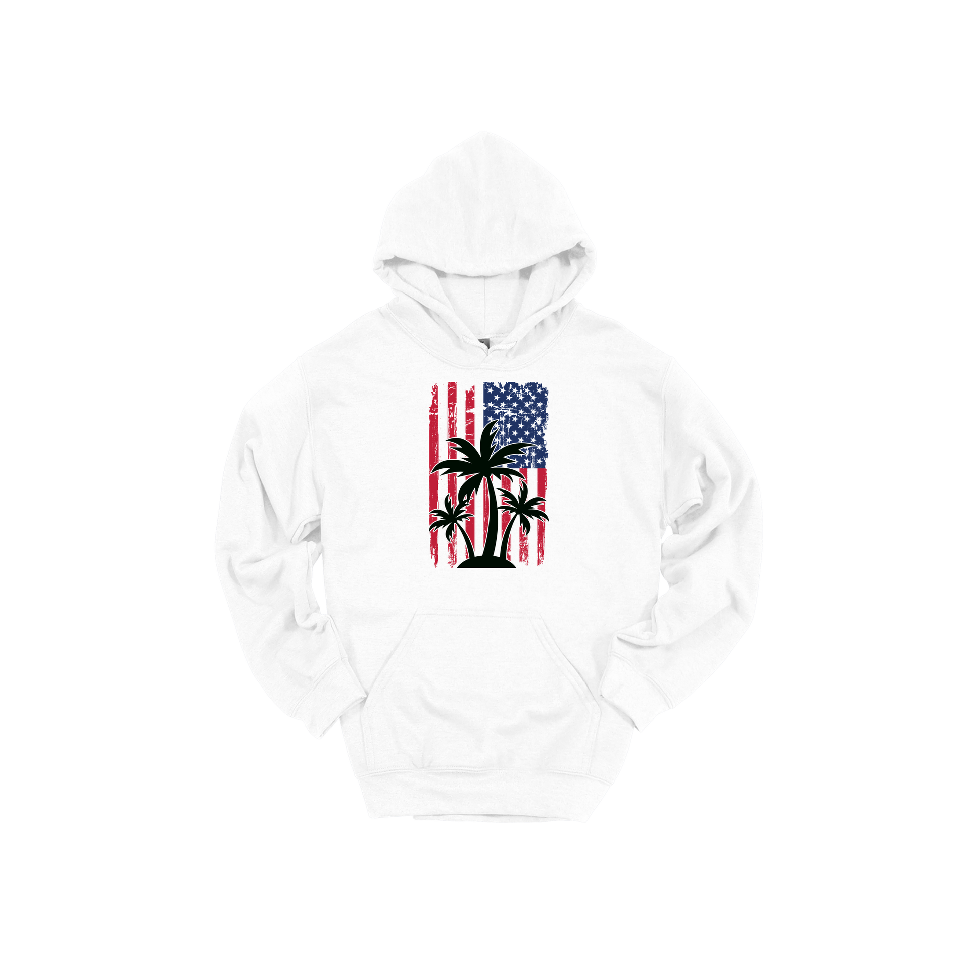 American Flag Palm Tree design on a White adult hoodie, front view.