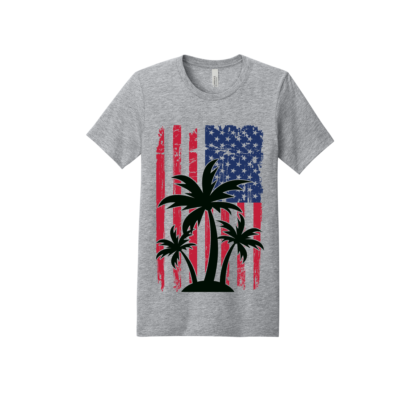 American Flag Palm Tree design on a Heather Athletic Gray adult T-shirt, front view.