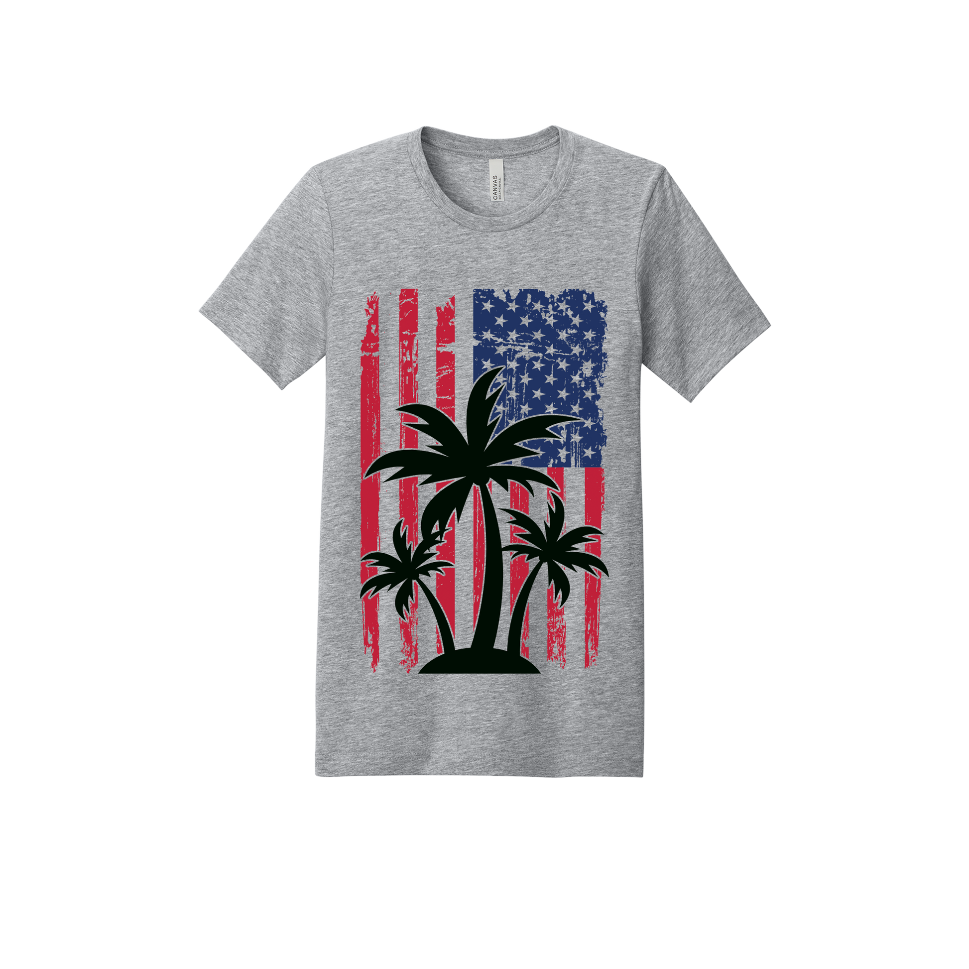 American Flag Palm Tree design on a Heather Athletic Gray adult T-shirt, front view.