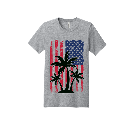 American Flag Palm Tree design on a Heather Athletic Gray adult T-shirt, front view.