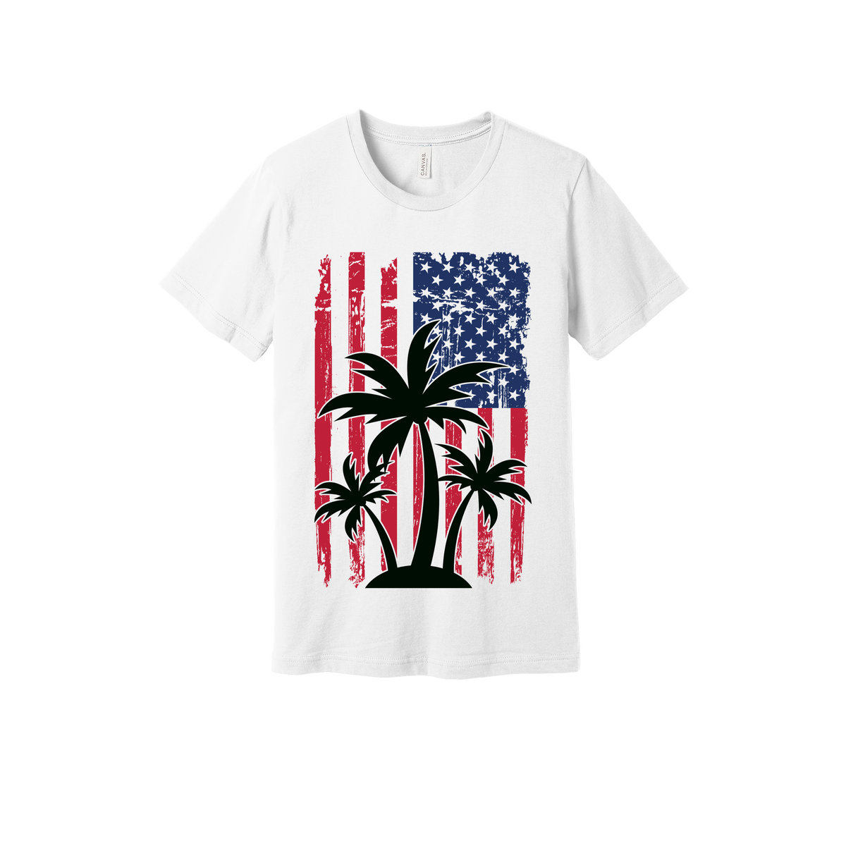 American Flag Palm Tree design on a White adult T-shirt, front view.