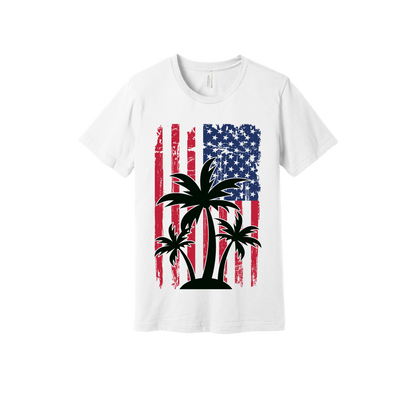 American Flag Palm Tree design on a White adult T-shirt, front view.
