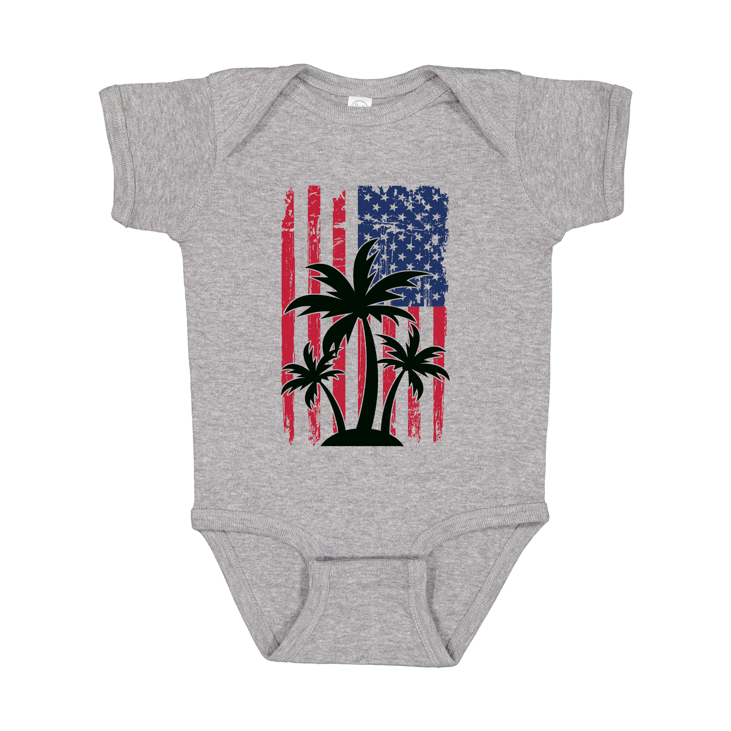 American Flag Palm Tree design on a Heather Athletic Gray infant onesie, front view.