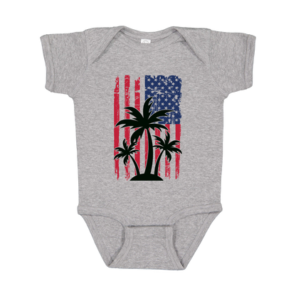 American Flag Palm Tree design on a Heather Athletic Gray infant onesie, front view.