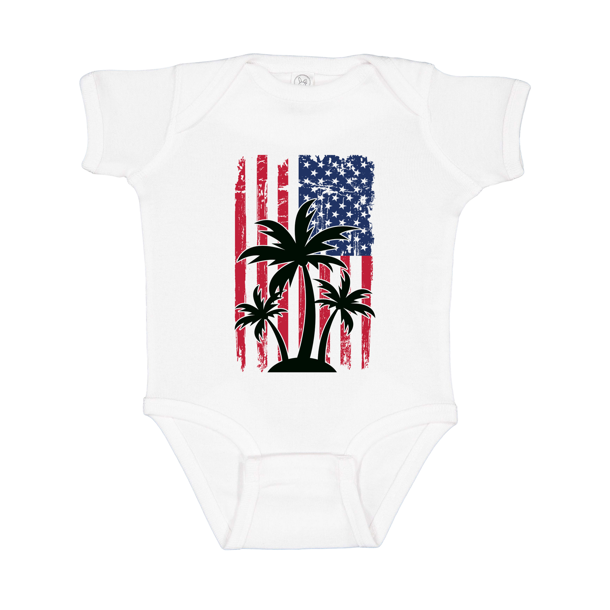 American Flag Palm Tree design on a White infant onesie, front view.