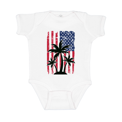 American Flag Palm Tree design on a White infant onesie, front view.