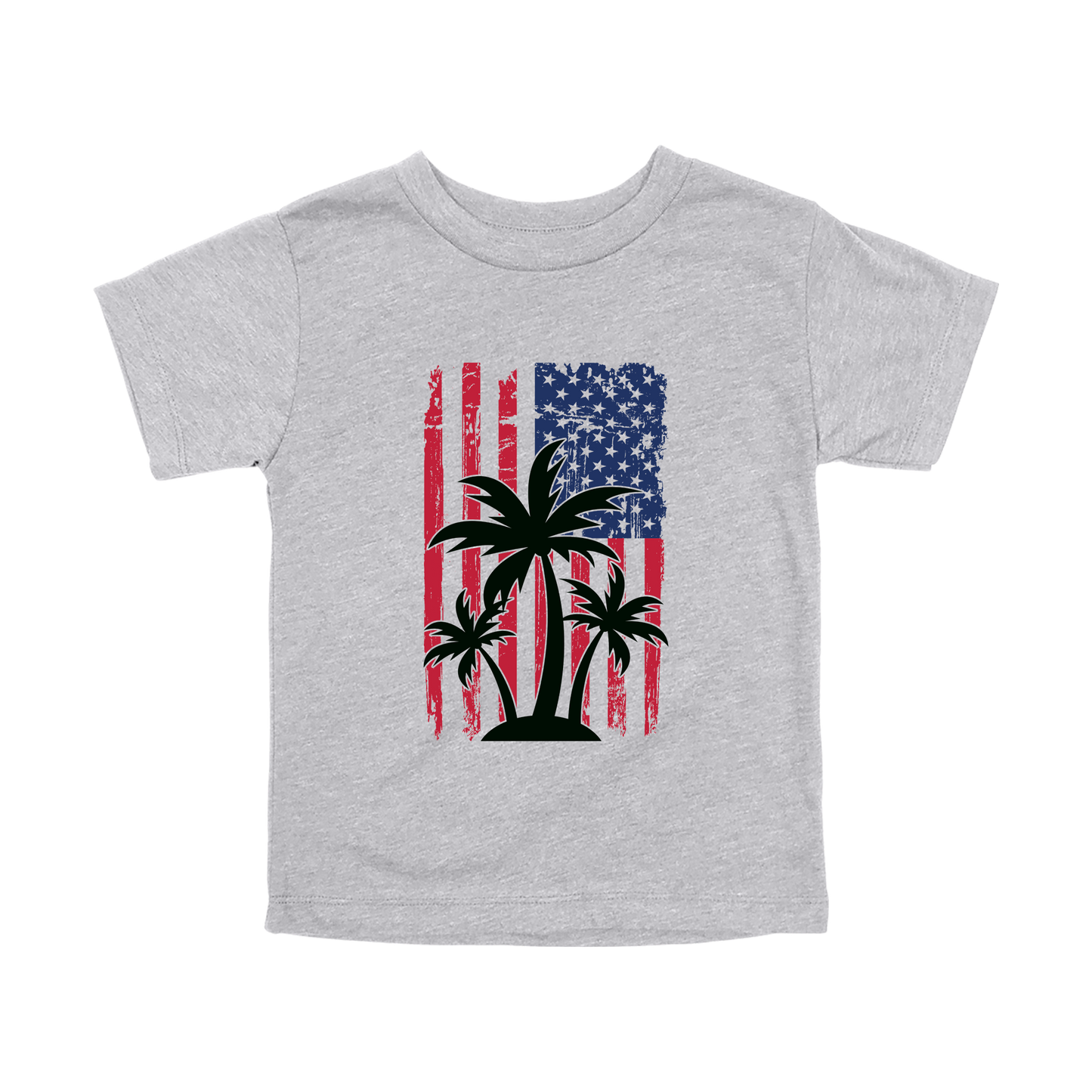 American Flag Palm Tree design on a Heather Athletic Gray toddler T-shirt, front view.